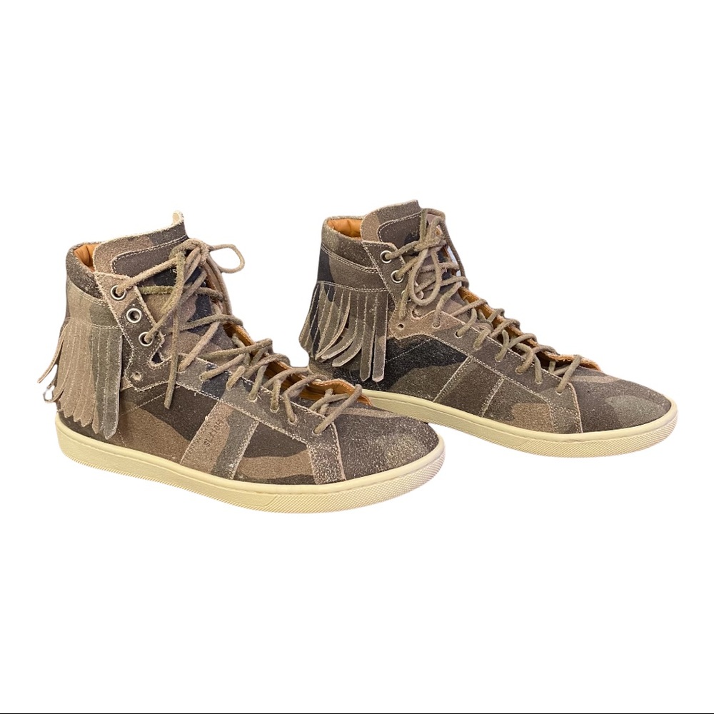 Saint Laurent Camo Suede Fringe-Detail High-Top Sneaker Sz. 7